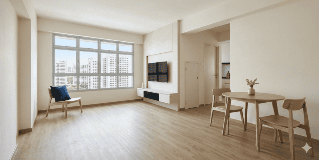 Bright and spacious 3-room HDB living room with large windows and modern decor in Singapore.